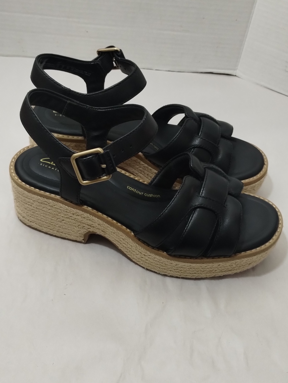 Clarks Coledale Black Leather Strap Platform Espadrille Sandals Sz 8M - Picture 2 of 12